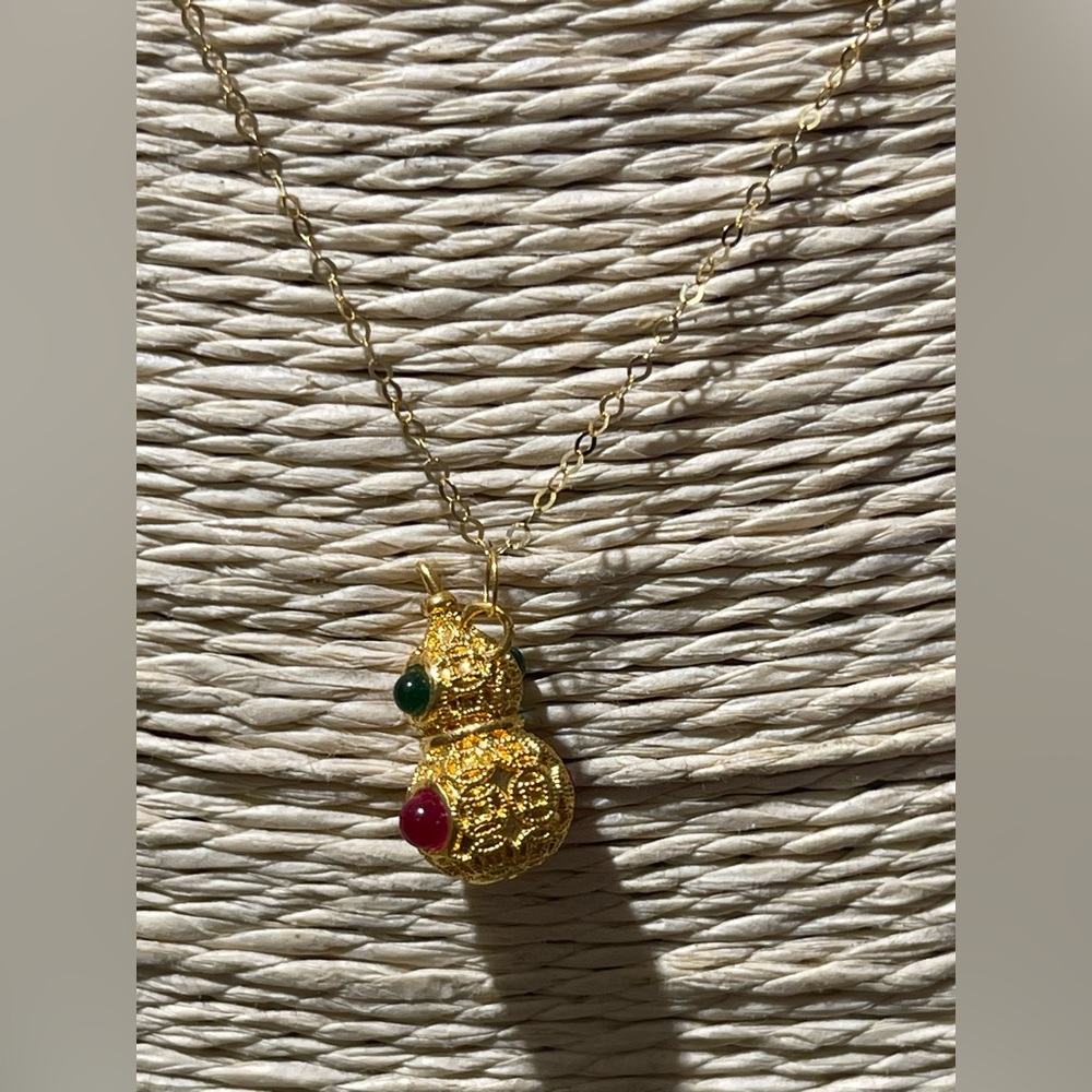 18K Solid Yellow Gold Dainty Green & Red Onyx Necklace